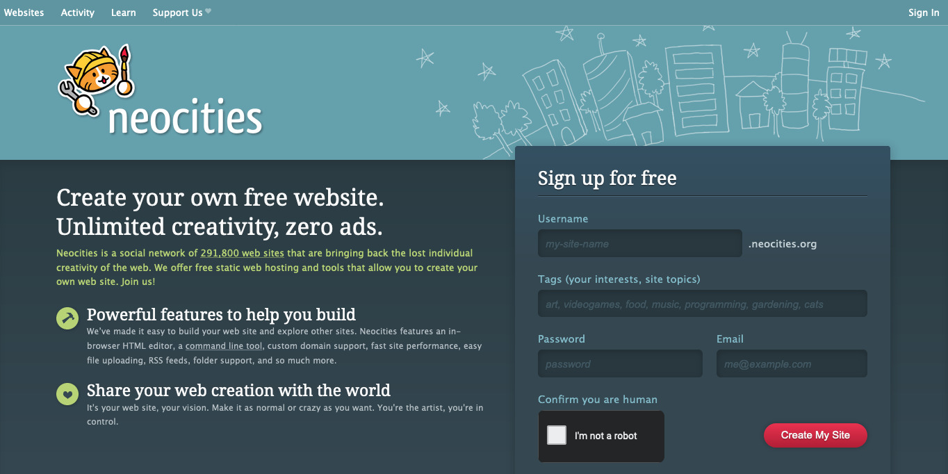 Screenshot of neocities.com's homepage
